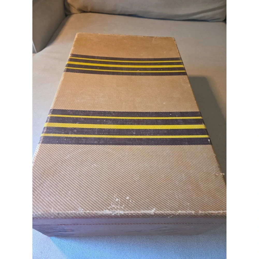 Vintage 1940s Tweed Suitcase Hardcase Luggage Brown & Yellow Stripes Prop Decor